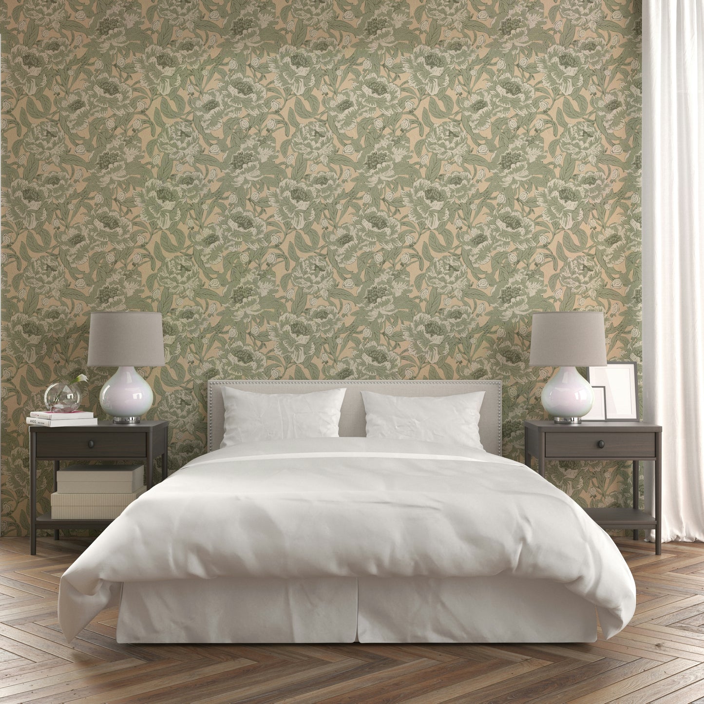 Serene floral wallpaper in muted green shades