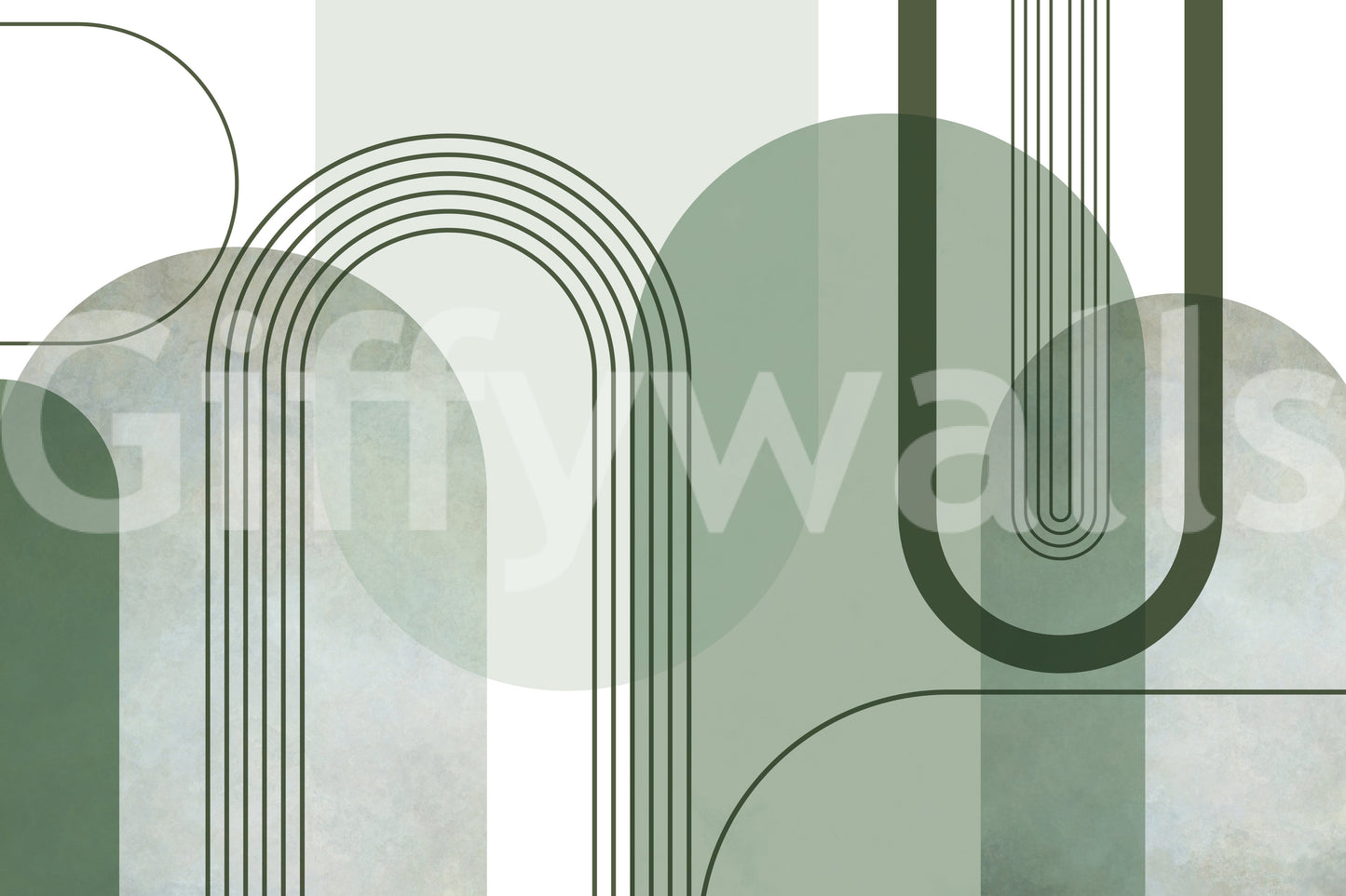 Sage Green Archways wallpaper mural close-up showing layered sage arches with fine concentric line work on cream