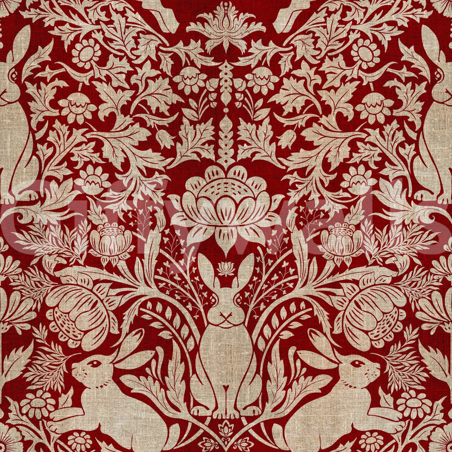 Scarlet Bloom & Bunny wallpaper close-up of a red and cream damask with a central rabbit and ornate flowers