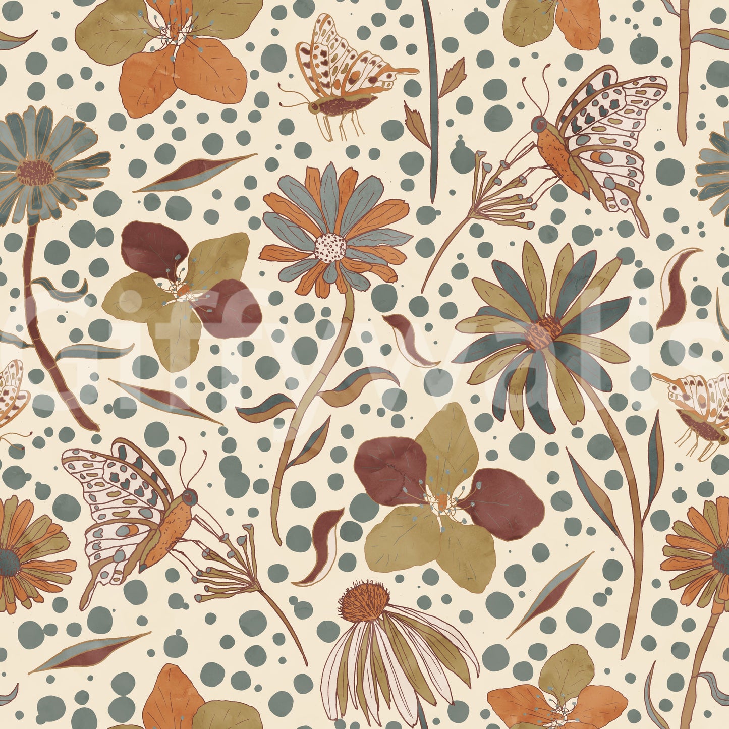Botanical mural wallpaper with fall accents