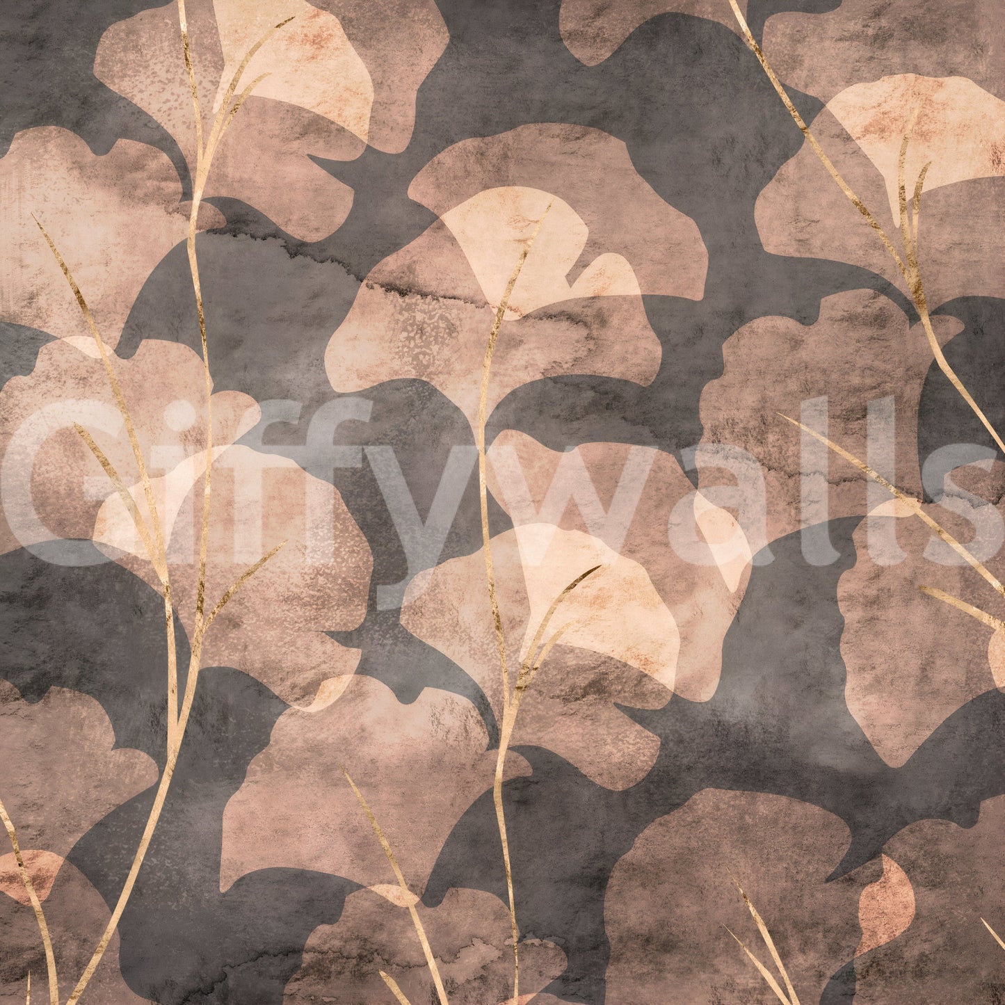 Midwinter Gingko Sepia wallpaper mural showcasing detailed plant life.