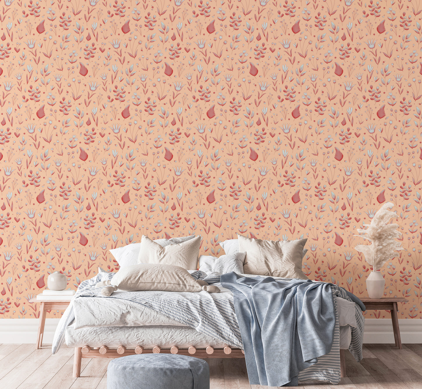 Serene Peach Tropical Garden wallpaper above a platform bed with neutral bedding and pampas grass