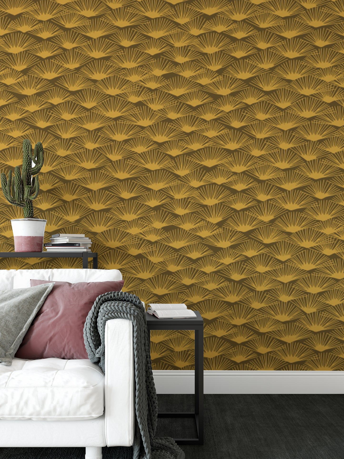 Golden Art Deco Fanfare wallpaper with sleek fan motifs.