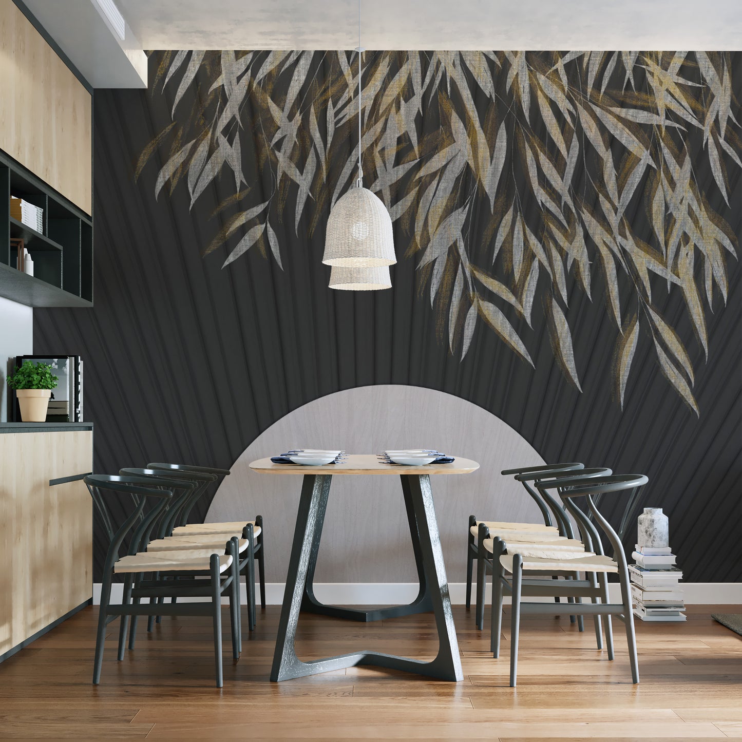 Luxury black wallpaper with golden botanical leaf details