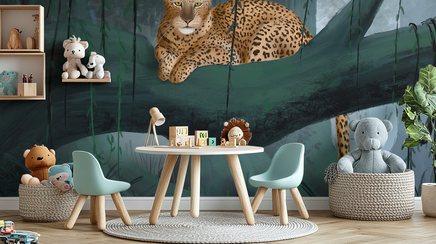 Bold leopard mural with rainforest accents