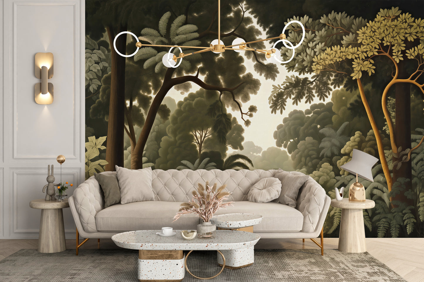 Add rustic charm with green woodcut botanical wallpaper.