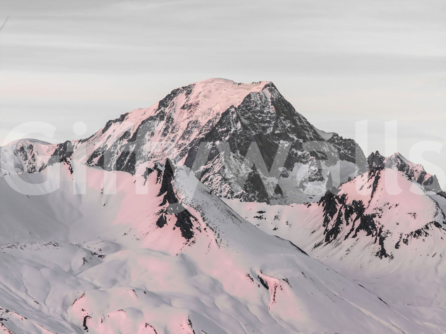 Stunning snow-covered mountain mural for creating a peaceful room.