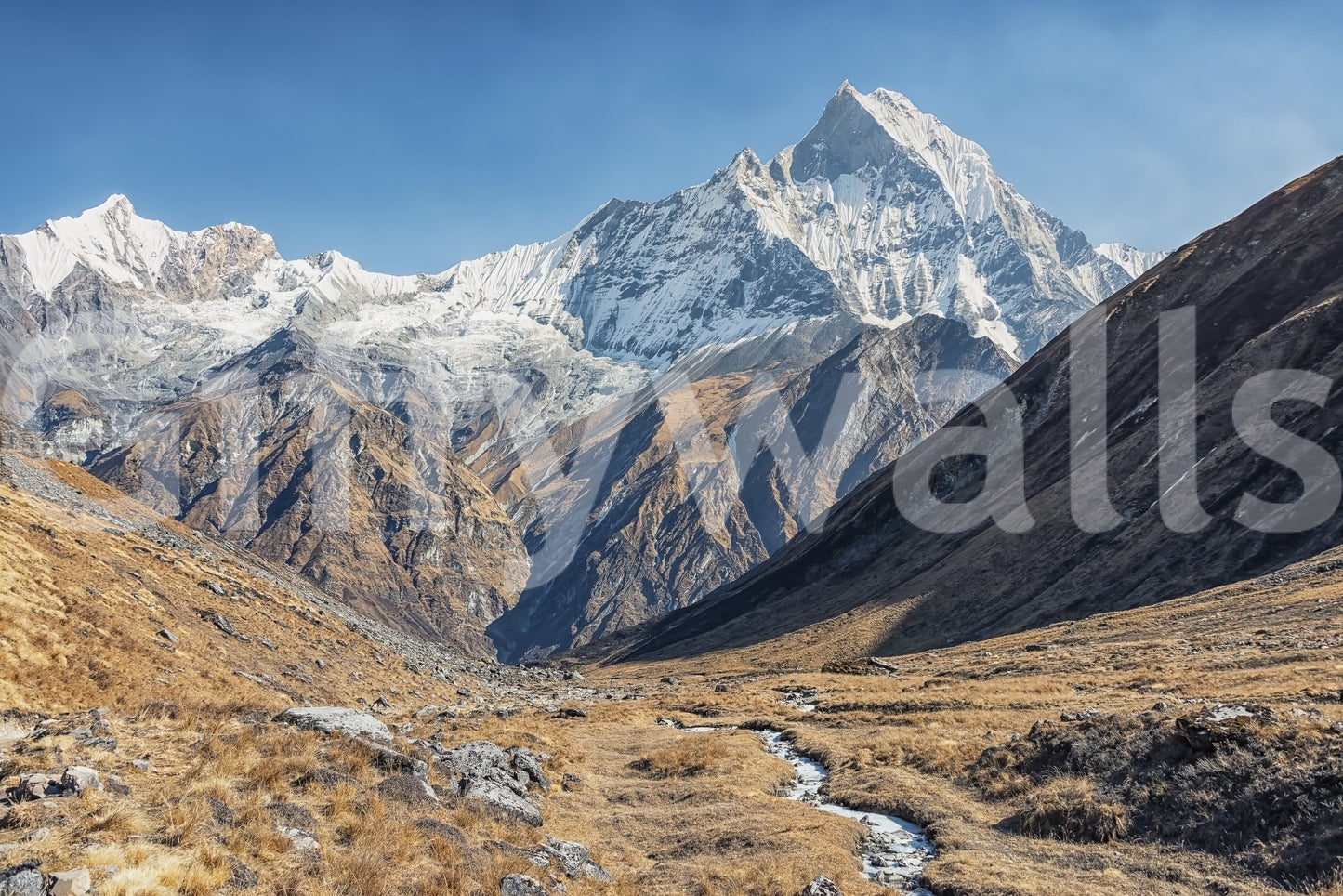 Reading nook with gentle mountains scene mural and clean sky in soft lighting