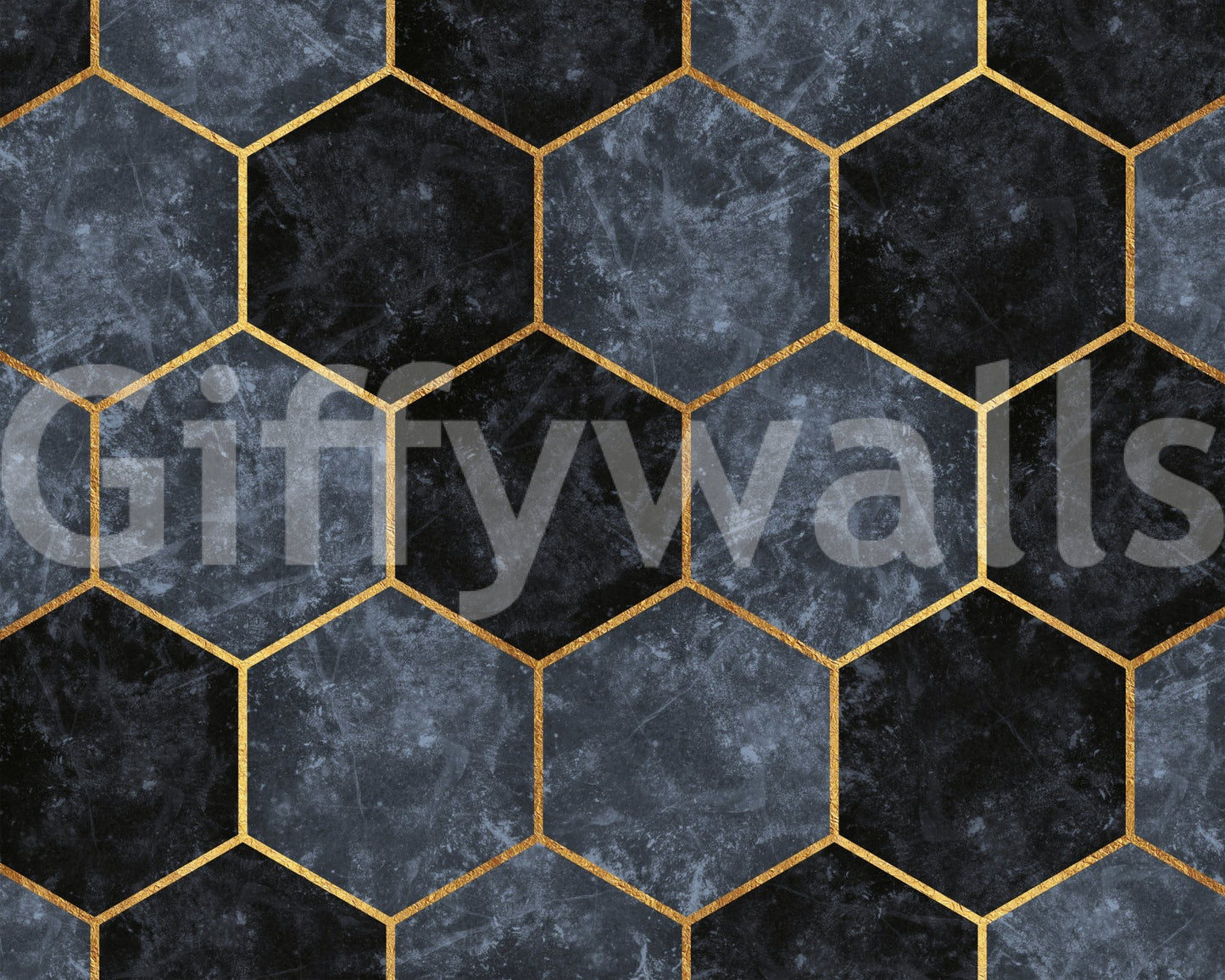 Blue and gold wall mural with minimal hex shapes