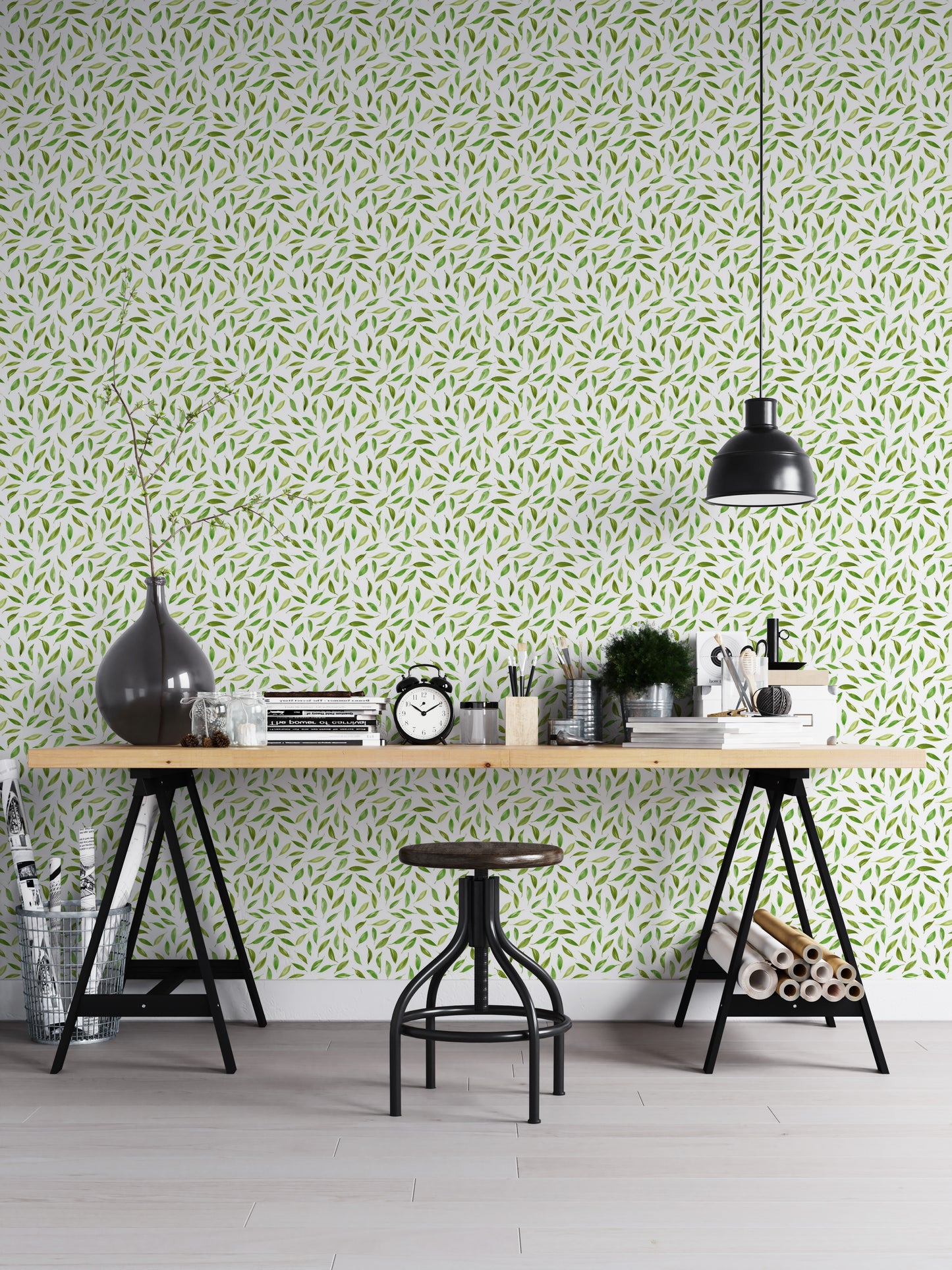 Floral-inspired wallpaper with scattered greenery