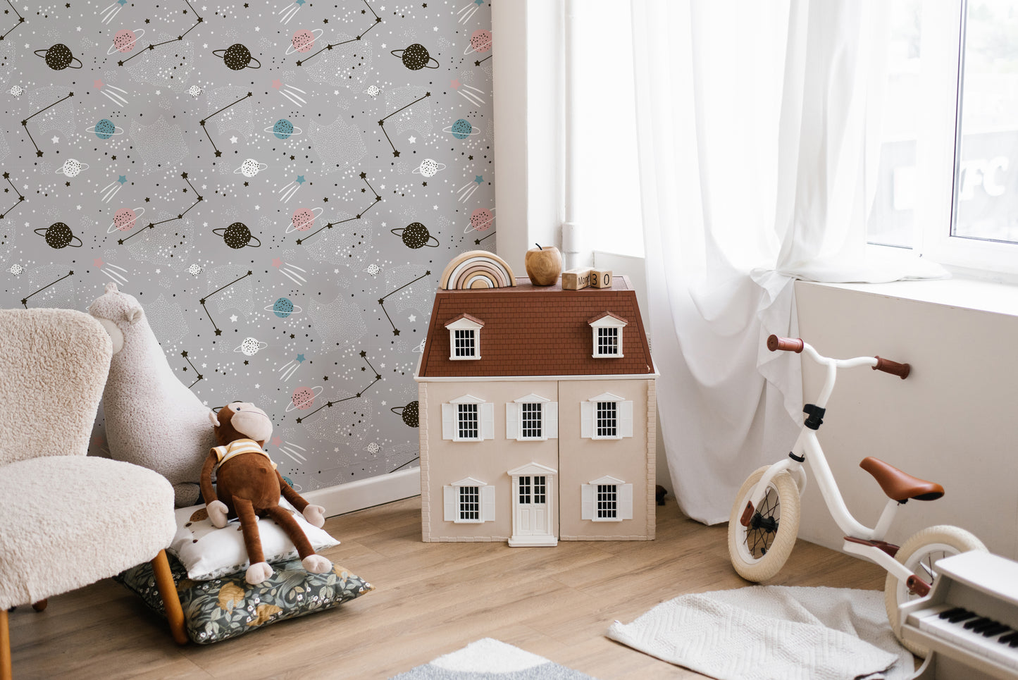 Starry wallpaper mural with planetary charm