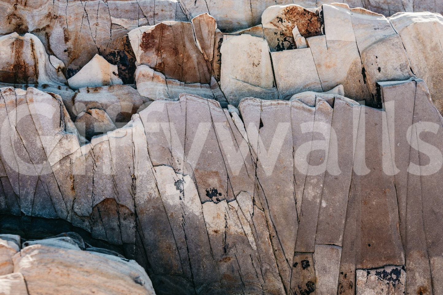 Stone Geometry wallpaper mural close-up showing the cracked beige, tan and grey fractured rock pattern detail