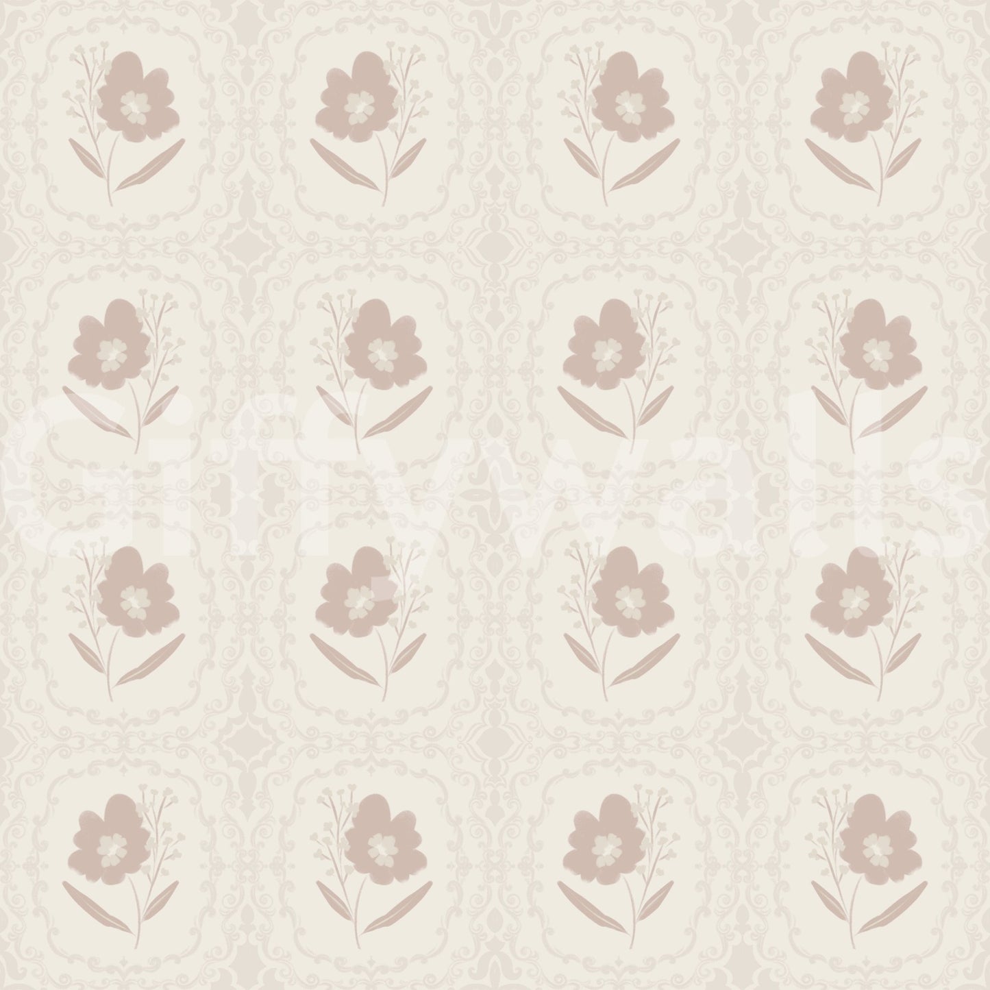 A warm, understated wallpaper featuring tiny floral emblems in a repeated grid.