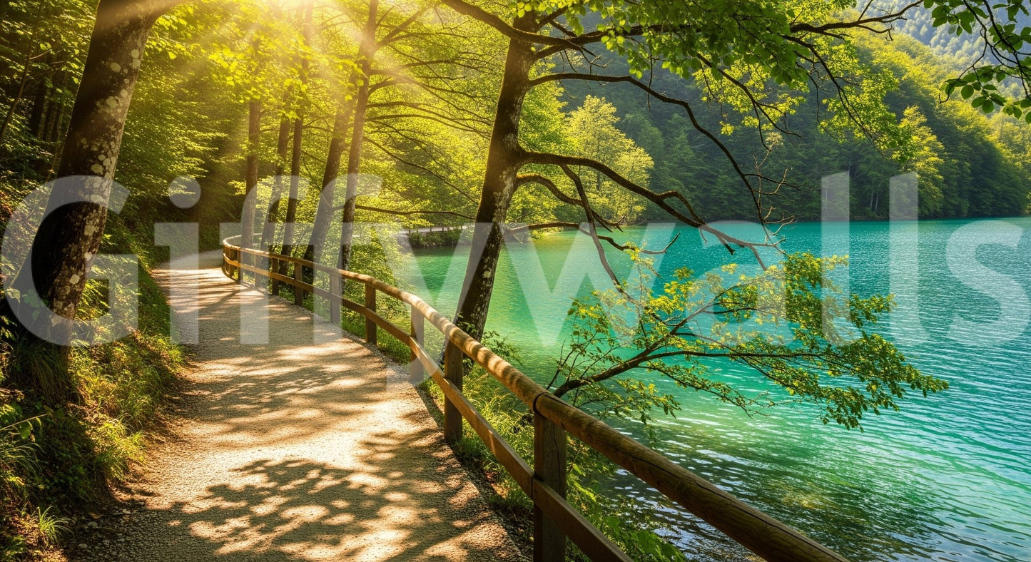 Sunlit Lakeside Path Wall Mural