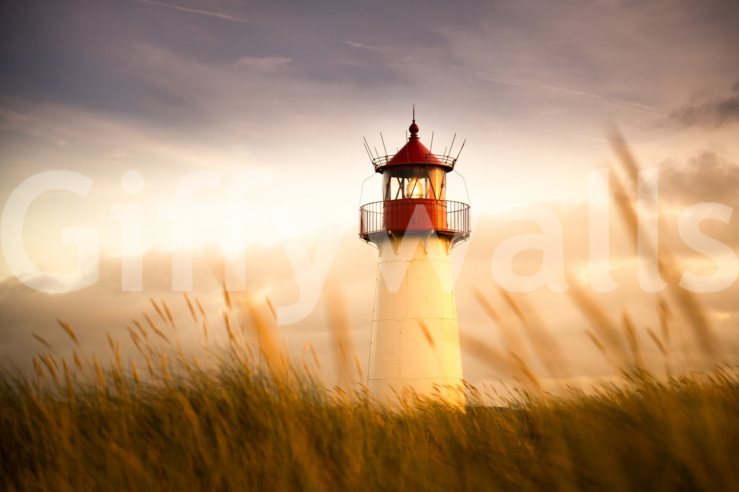 Workspace wall decor featuring coastal lighthouse mural, sunset glow, tidy modern room