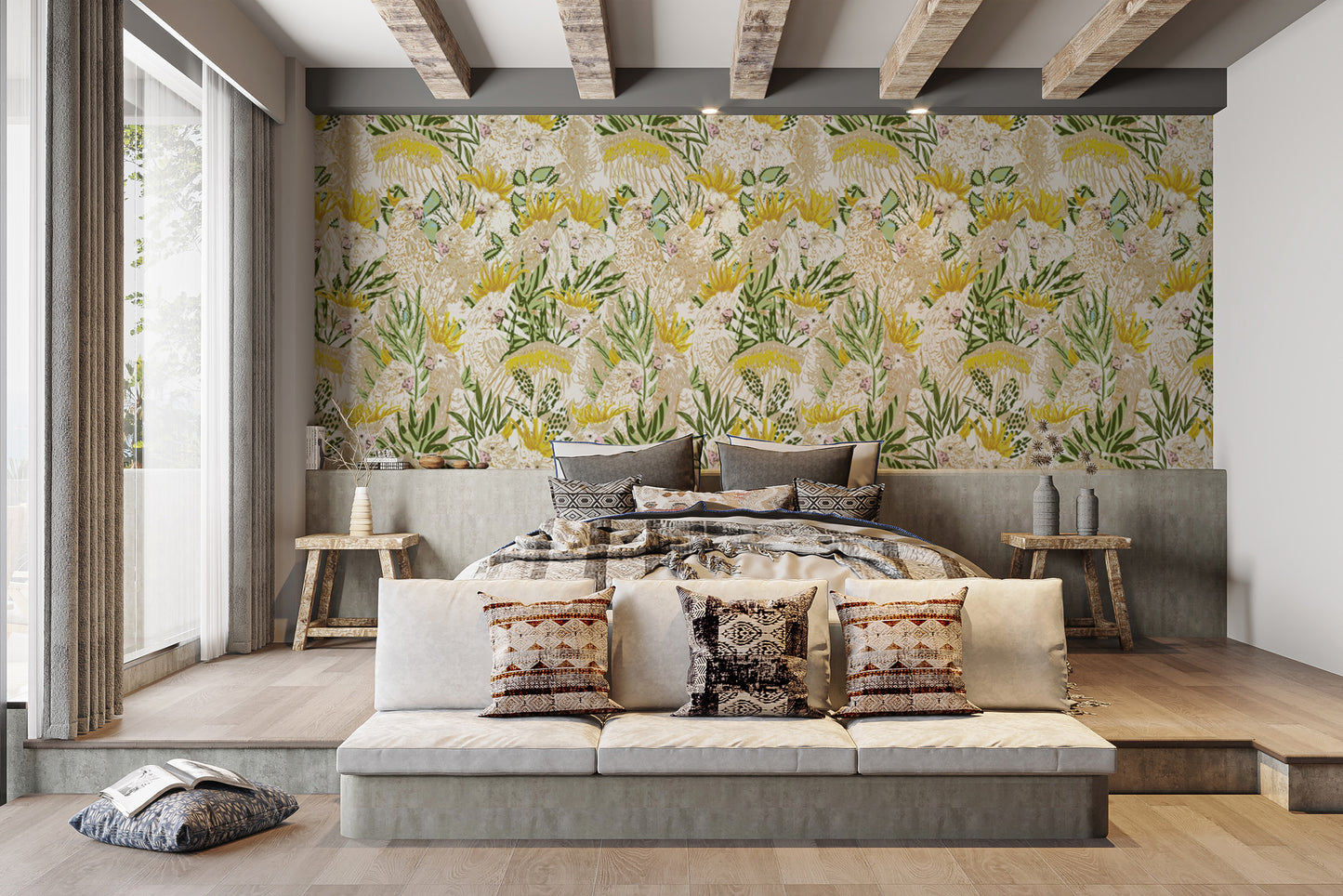 Stylish Exotic Aviary wallpaper with exotic bird and plant motifs.