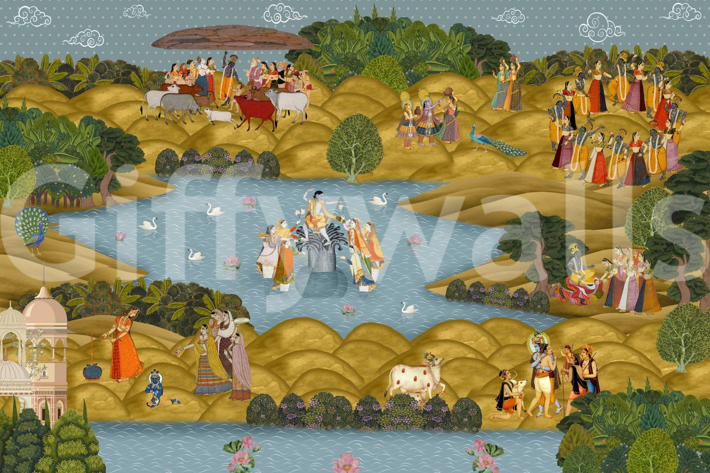 Teal Tapovan wall mural styled with neutral furniture and wood accents