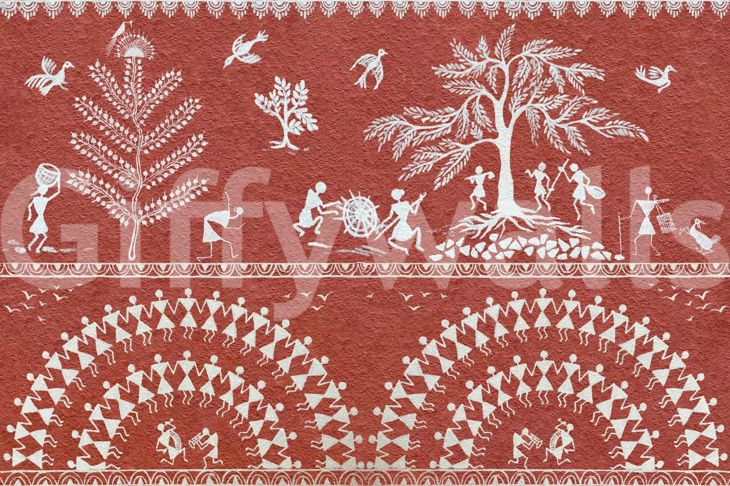 Durable vinyl Terracotta Tribe mural for a high-traffic hallway area.