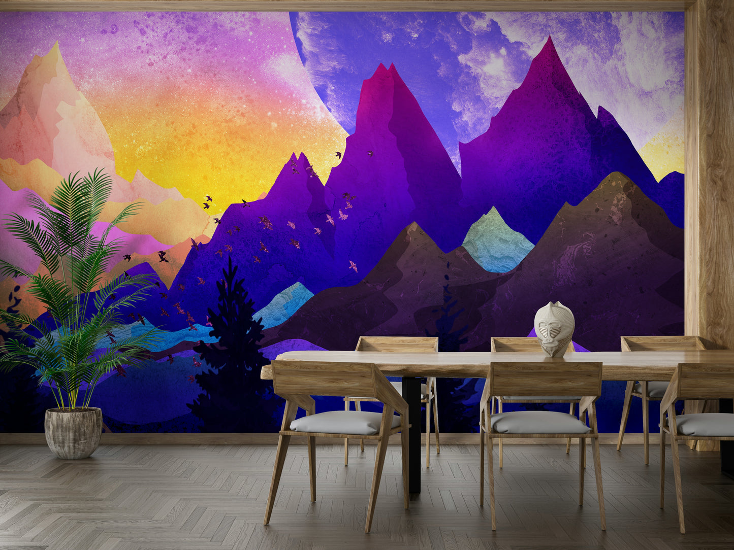 Reading nook colorful mountain wallpaper on feature wall, artsy