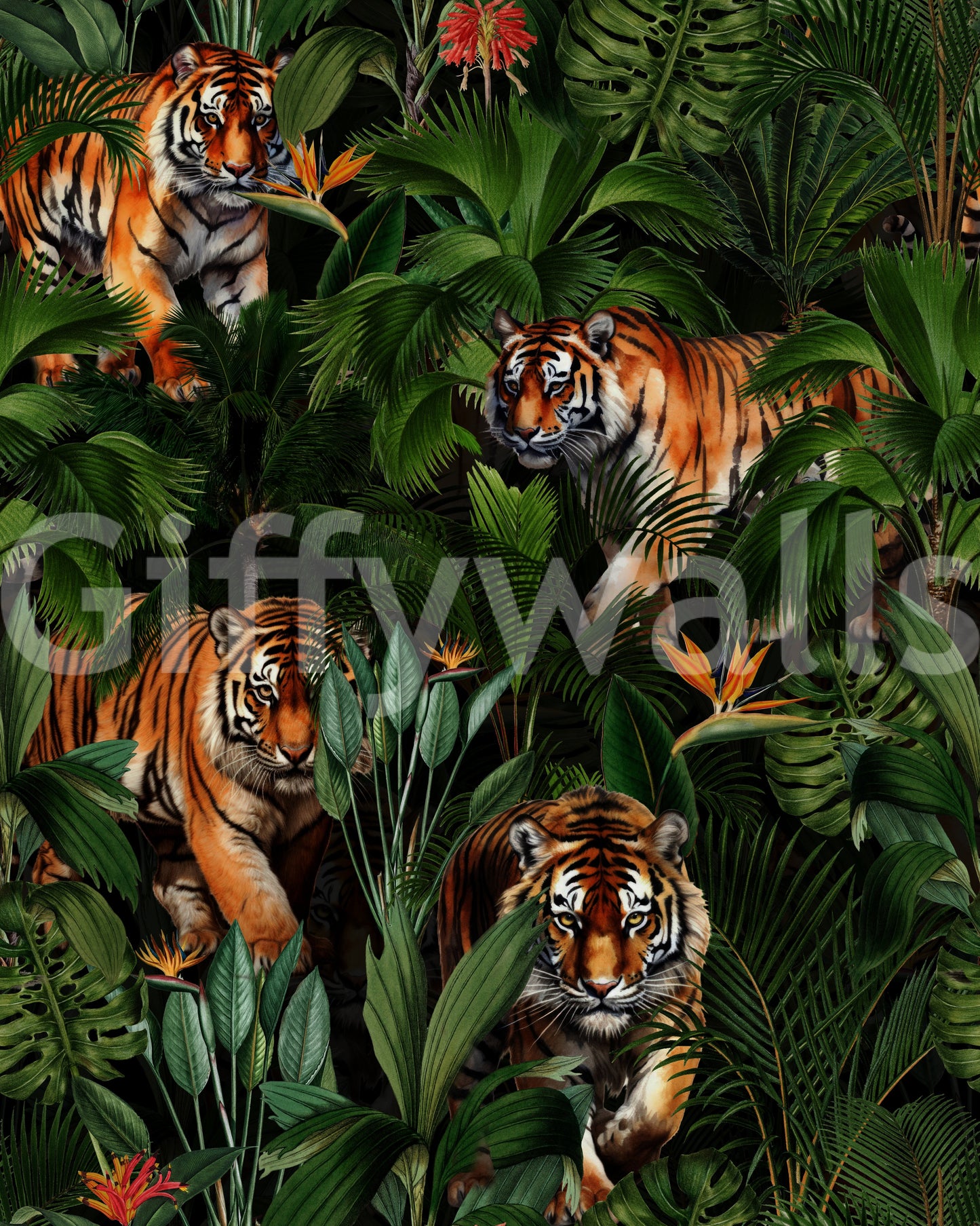 Nature-inspired wallpaper featuring a tiger in a paradise setting