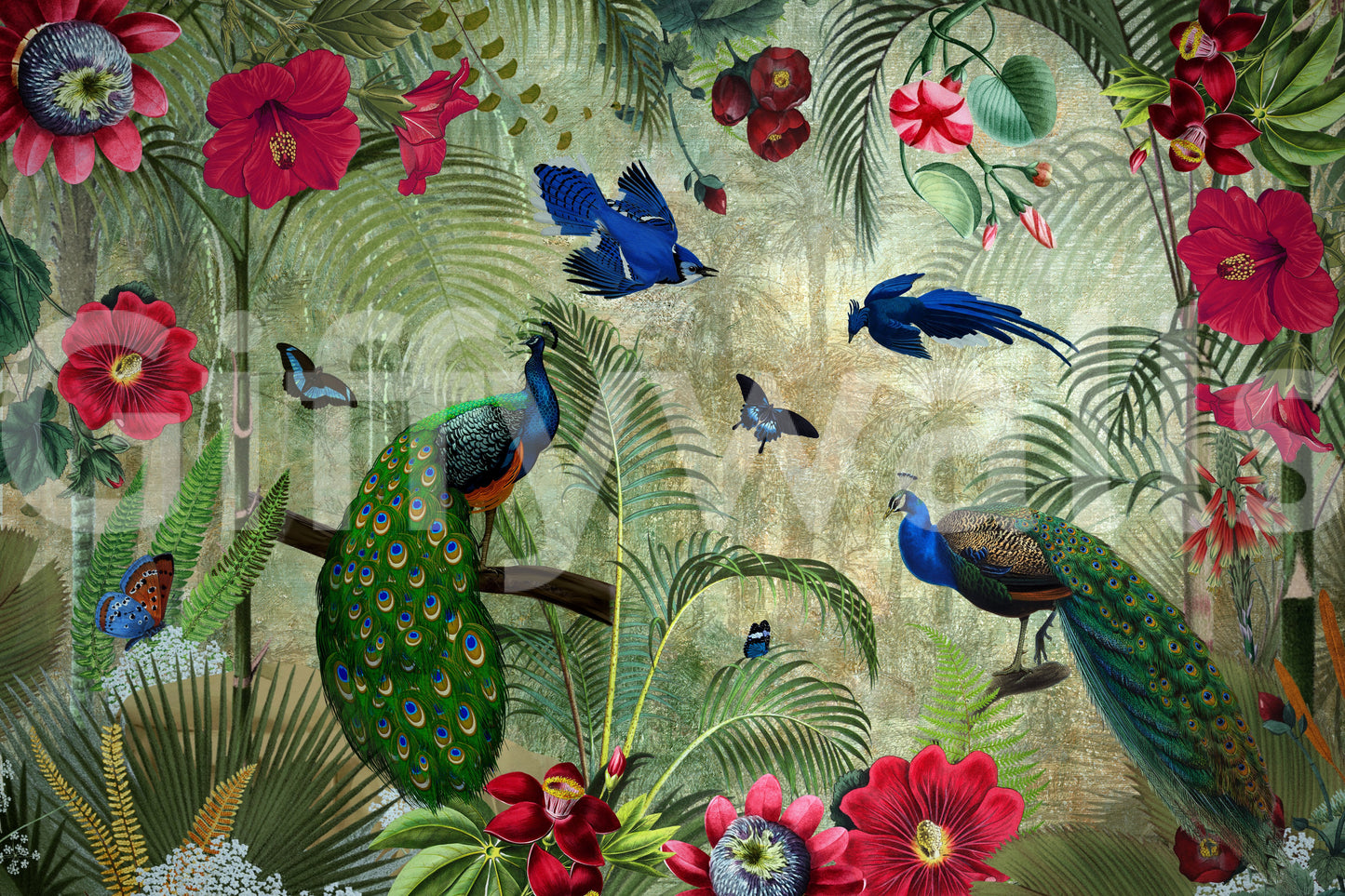 Tropical peacock mural with lush leaves and vibrant hues