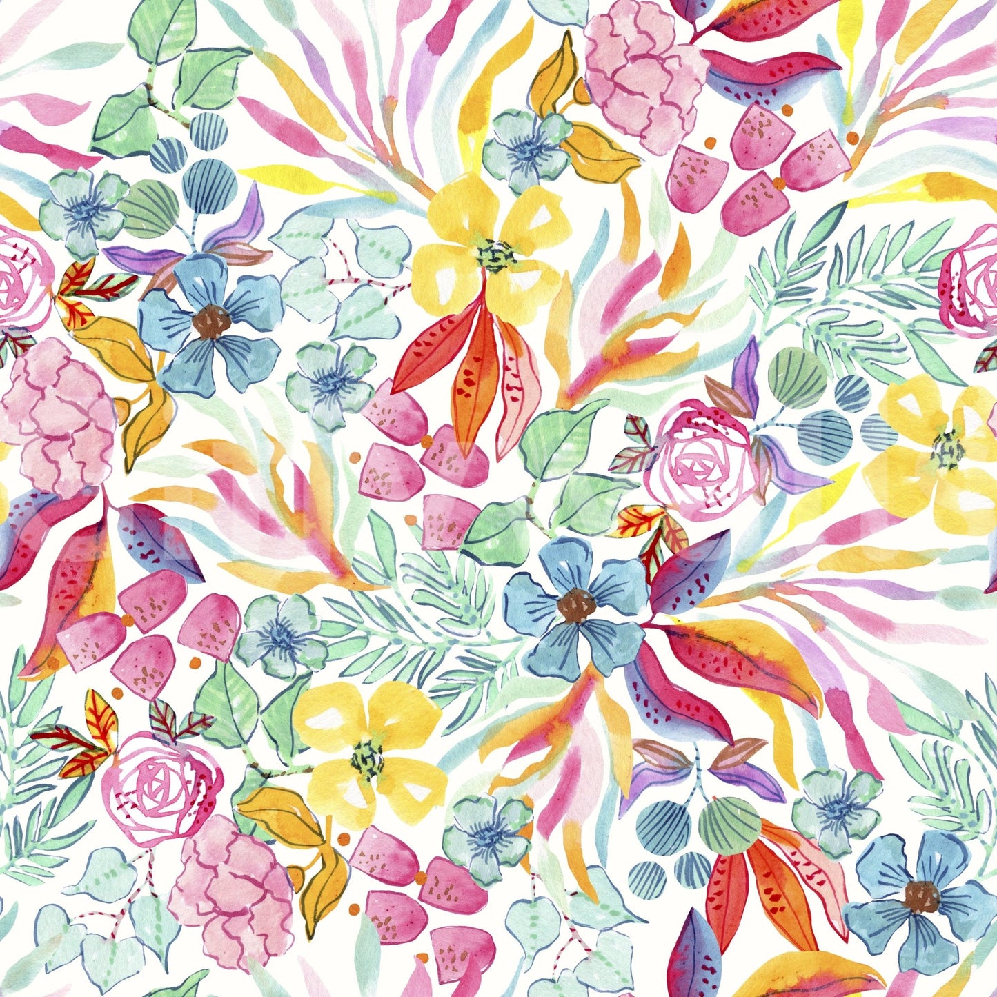 Palm trees and exotic flowers in vibrant watercolor wallpaper