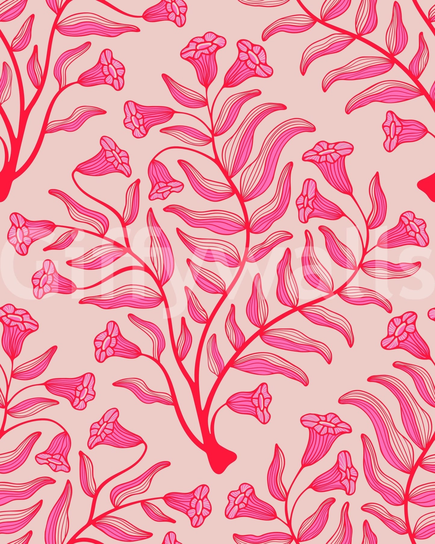Damask wallpaper in red, fuchsia, and blush pink