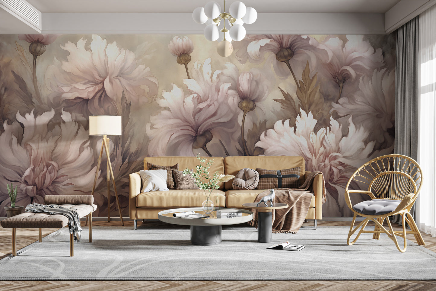 Underwater pink flowers mural wallpaper for a soft and dreamy room upgrade.