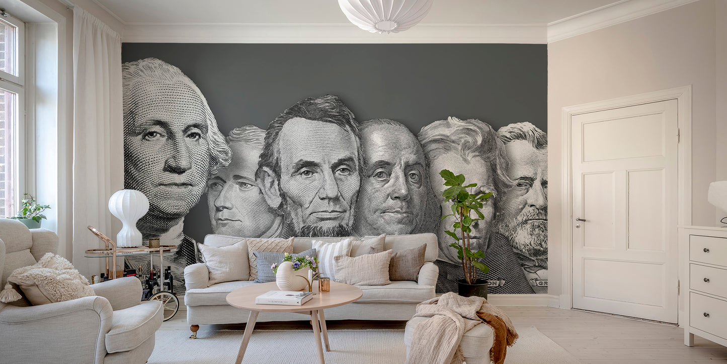 US presidential portraits currency wallpaper mural in grey on a charcoal wall behind a cream sofa in a living room