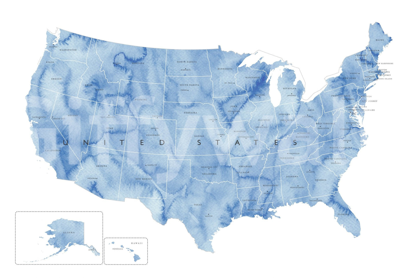 USA map with states and capitals in blue watercolor Wall Mural