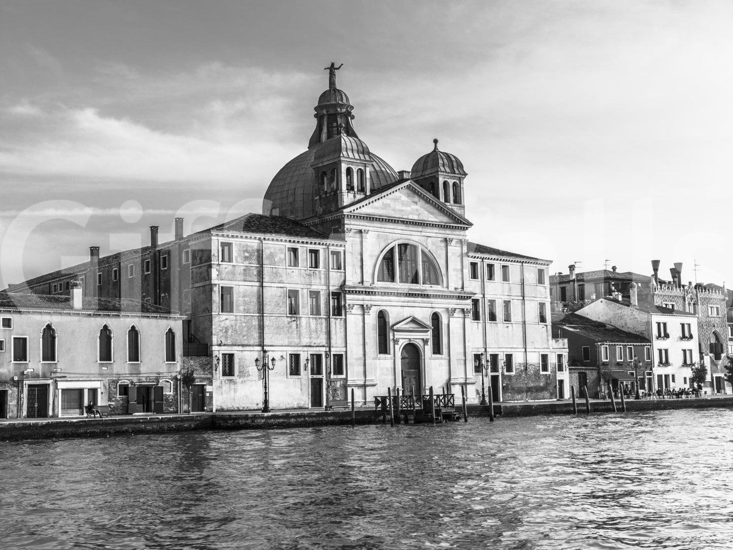 Venice Cityscape wallpaper mural shown as a full-wall black and white scene of a domed Venice church across the canal
