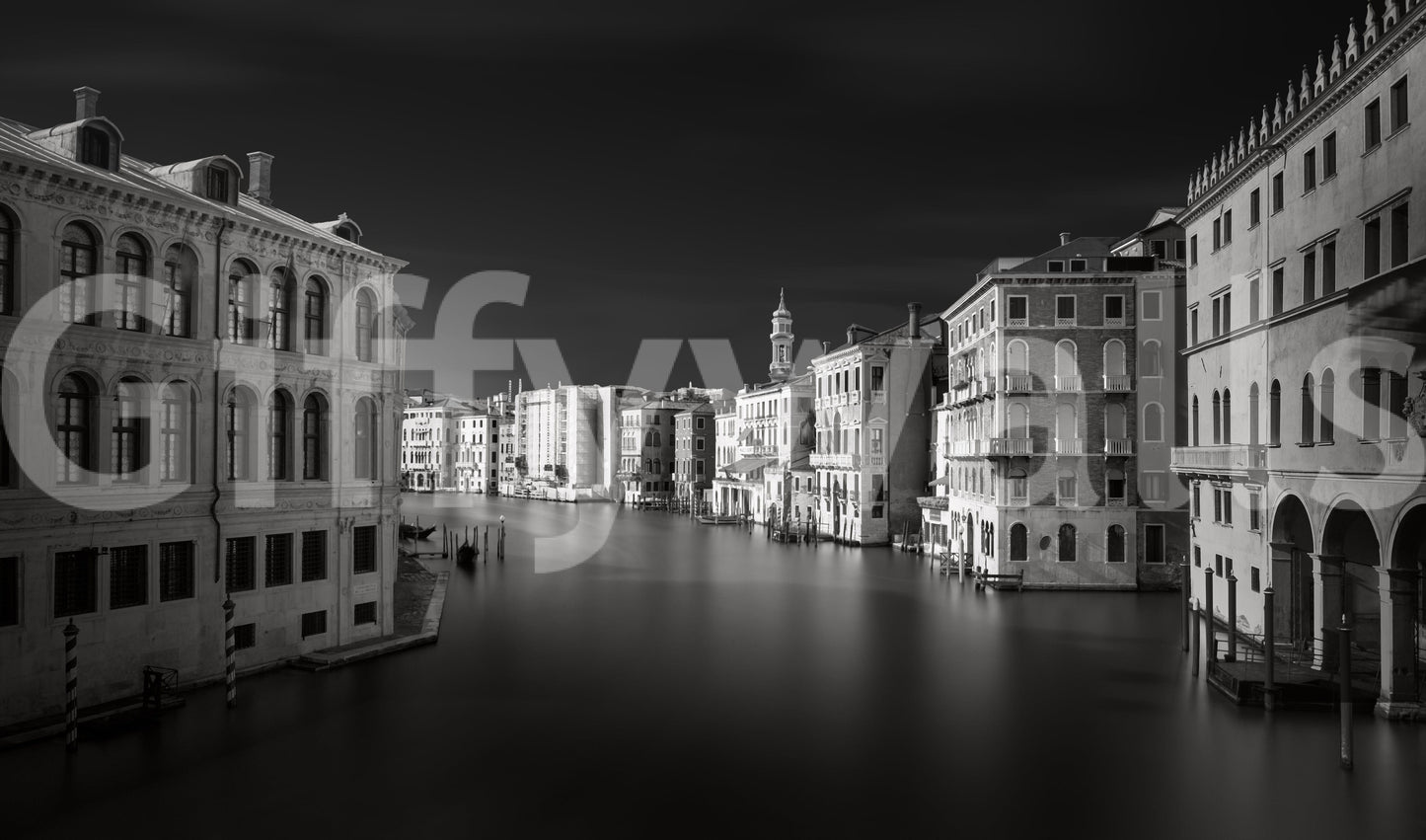 Venetian Echoes: Monochrome Serenity wallpaper mural shown as a full-wall black-and-white view of the Venice Grand Canal lined with palazzos