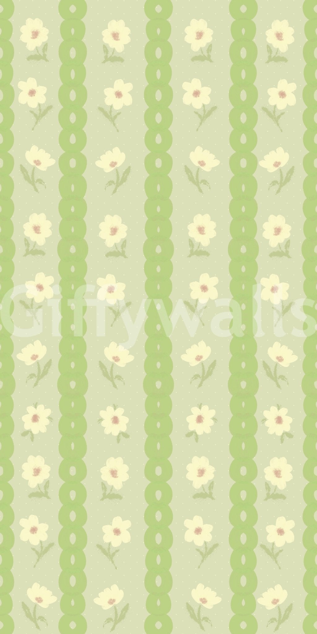 Vintage Bloom Rows wallpaper close-up showing cream daisies on green scalloped stripes