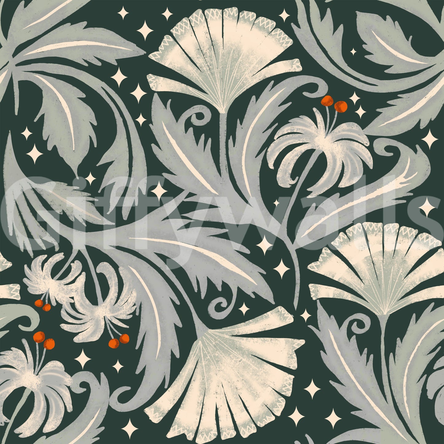 Vintage Botanica Forest Noir wallpaper shown as a full-wall mural, dark green ground with sage leaves and cream fan blooms