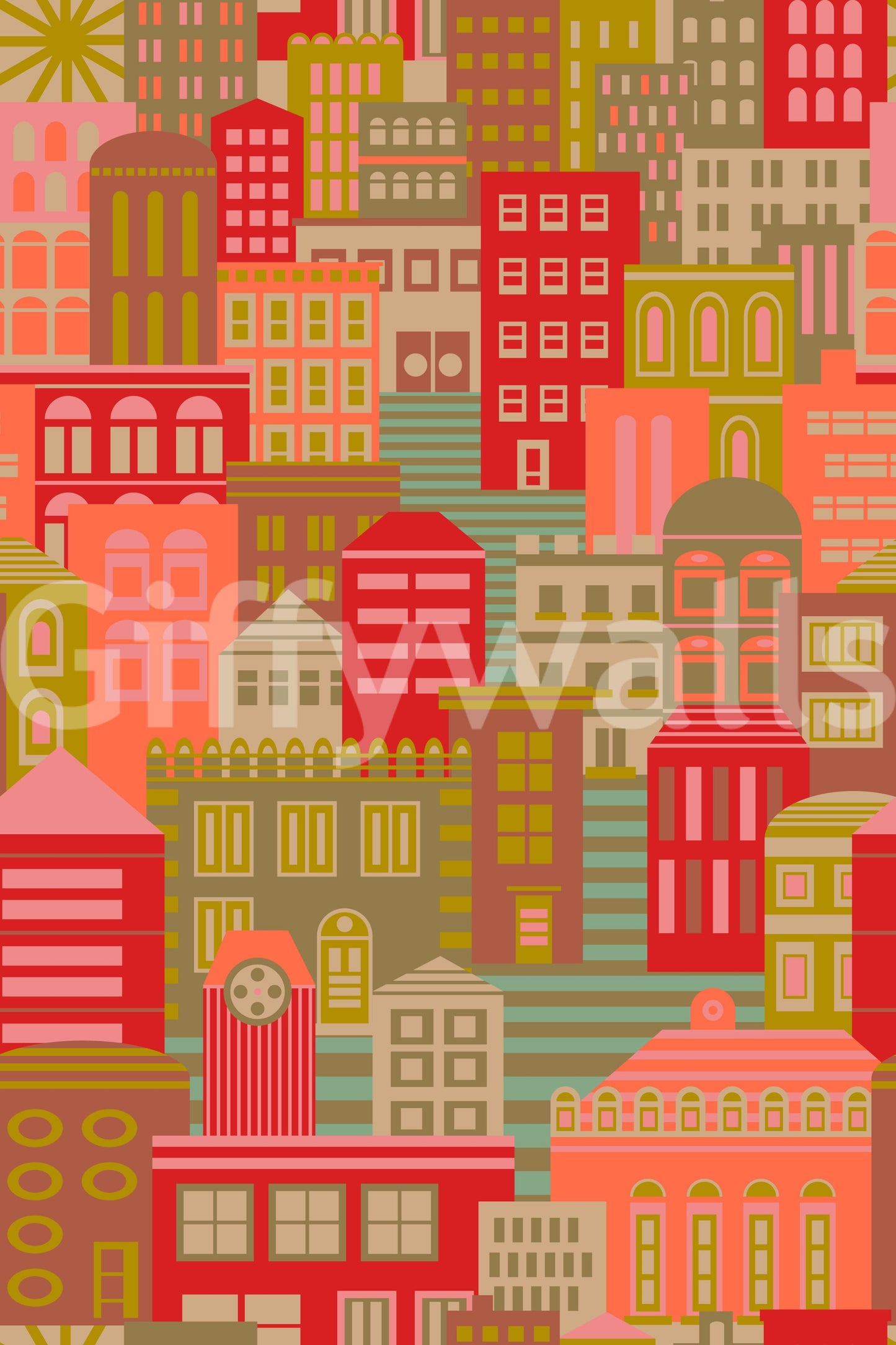 City Lights By Day mural for playroom, cheerful vintage colours and simple geometry
