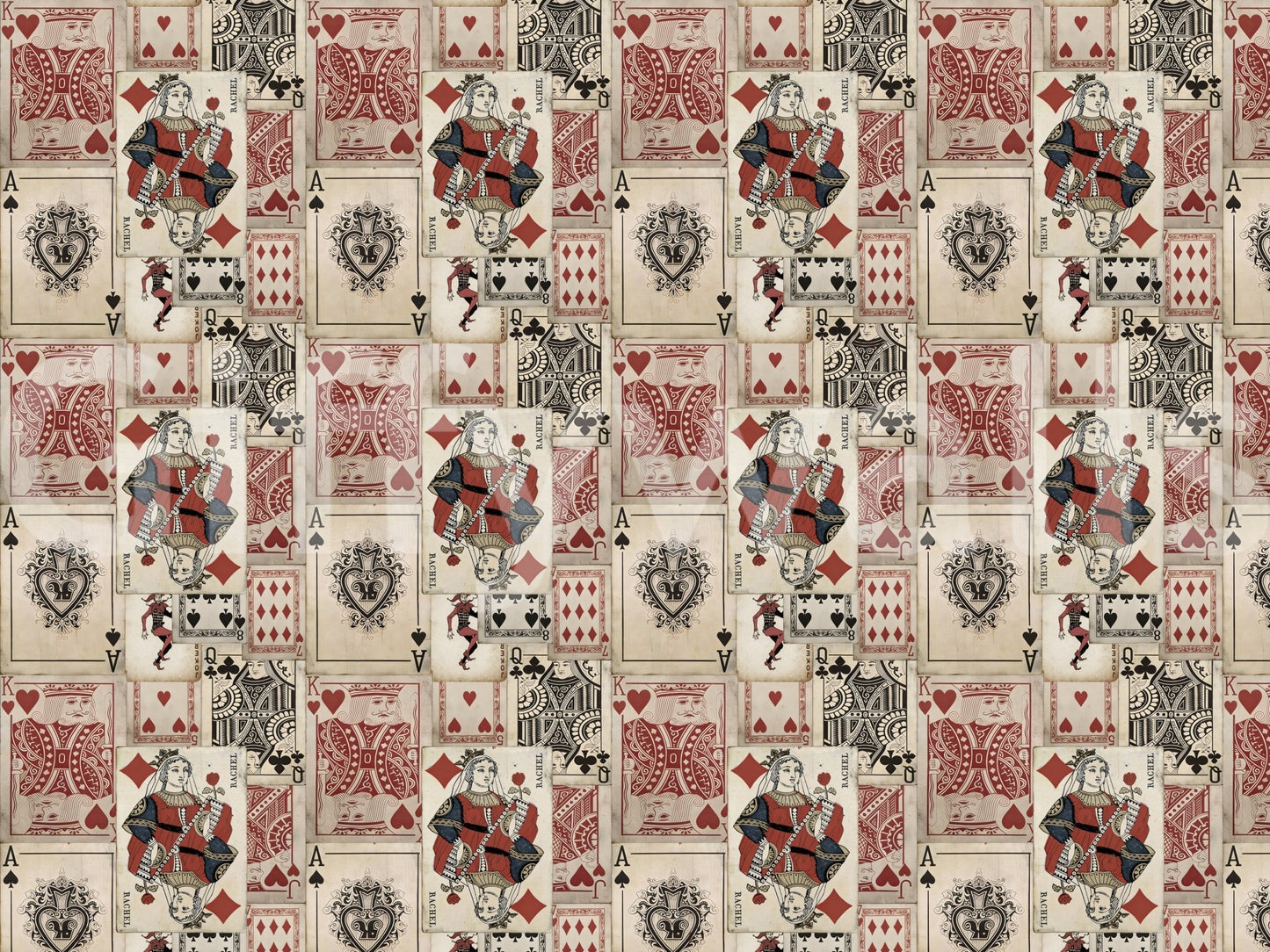 Retro deck wall mural with king, queen, and ace motifs