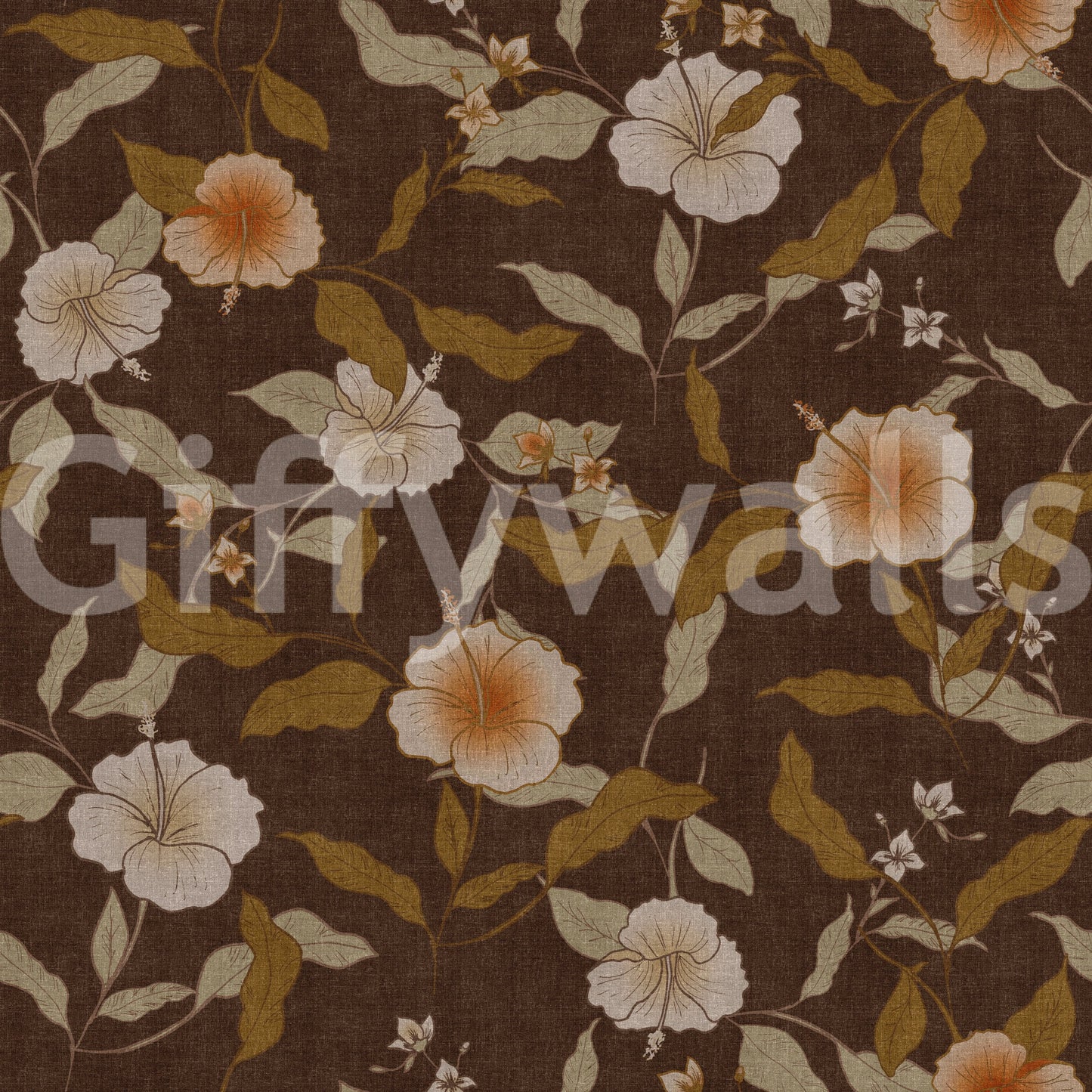 Symmetrical organic effect Faded Tropical Floral brown wallpaper.