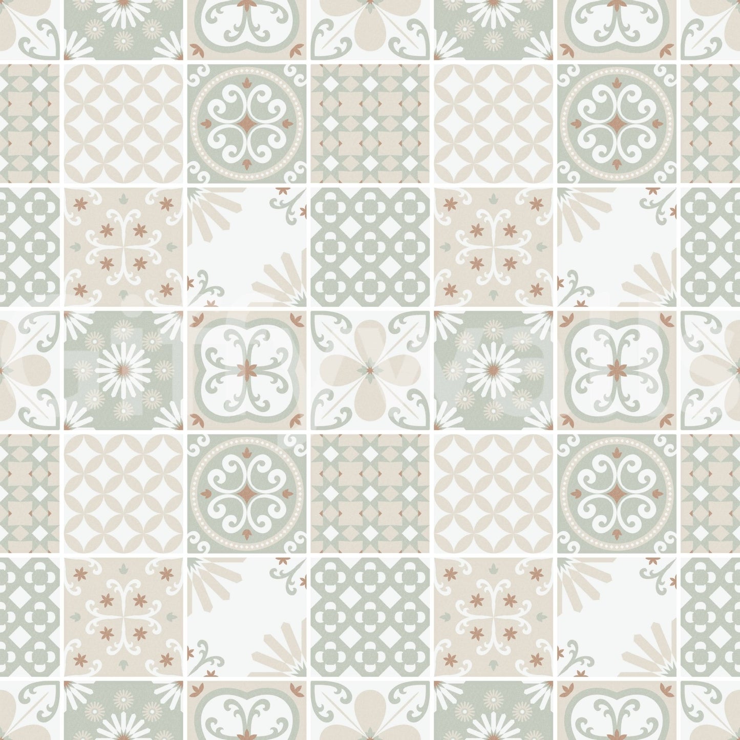 Vintage Folk Tiles – Sage Green Wallpaper