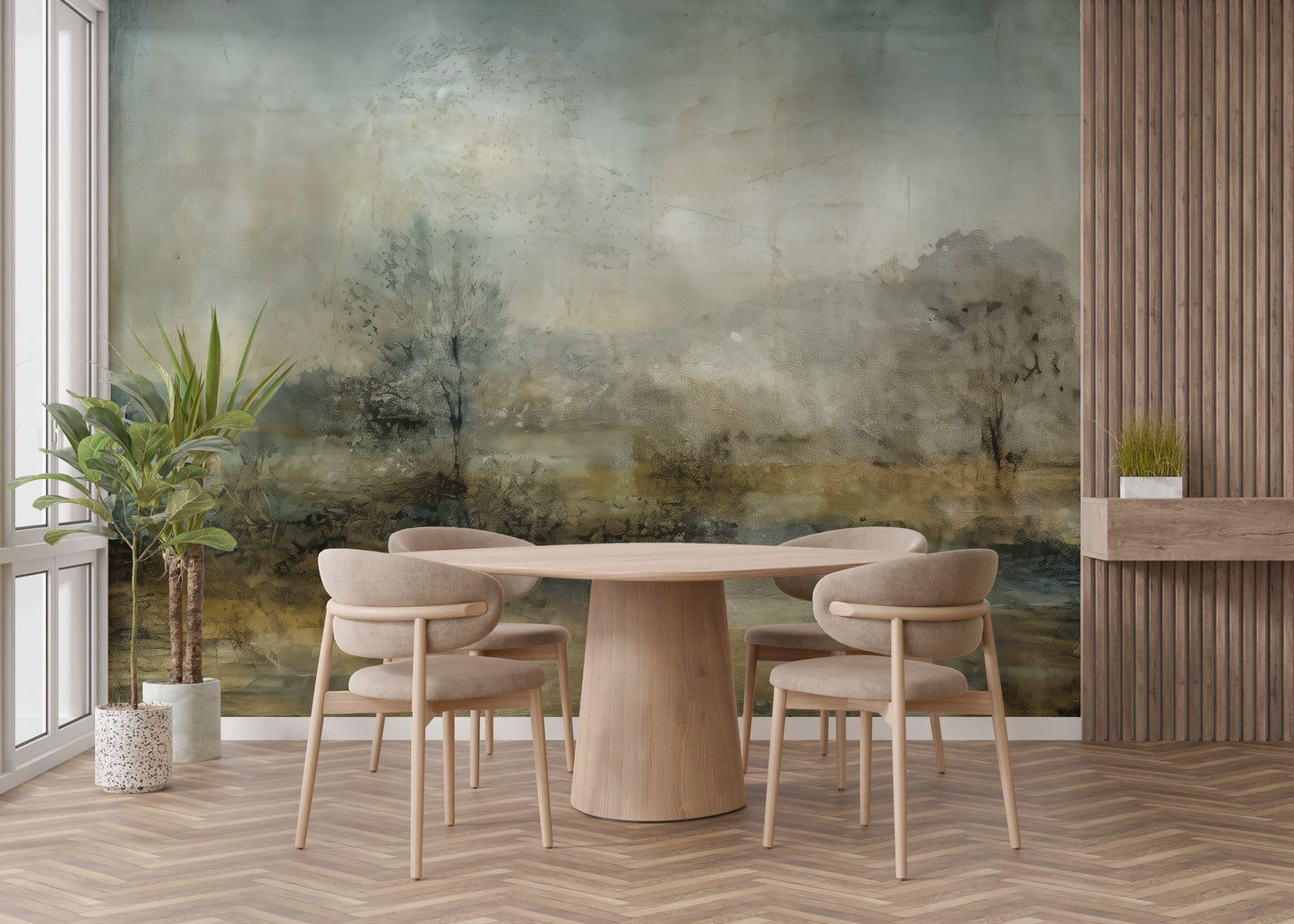 Rustic dinign room with a removable vintage forest wallpaper mural that adds a timeless, natural landscape view.