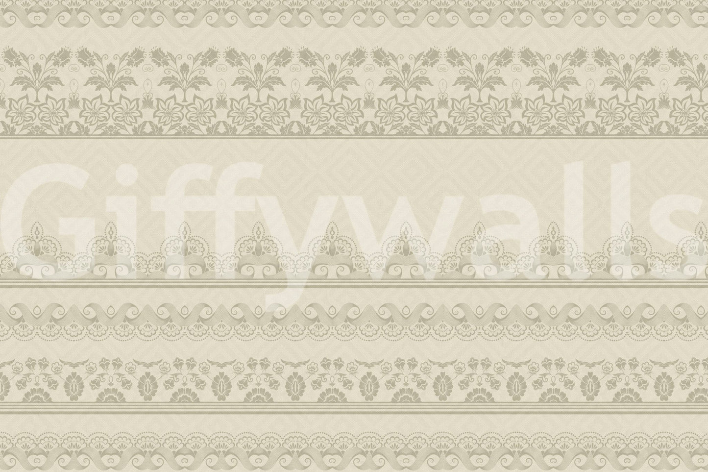 Ornate lace trim wall mural for a traditional master bedroom home décor.