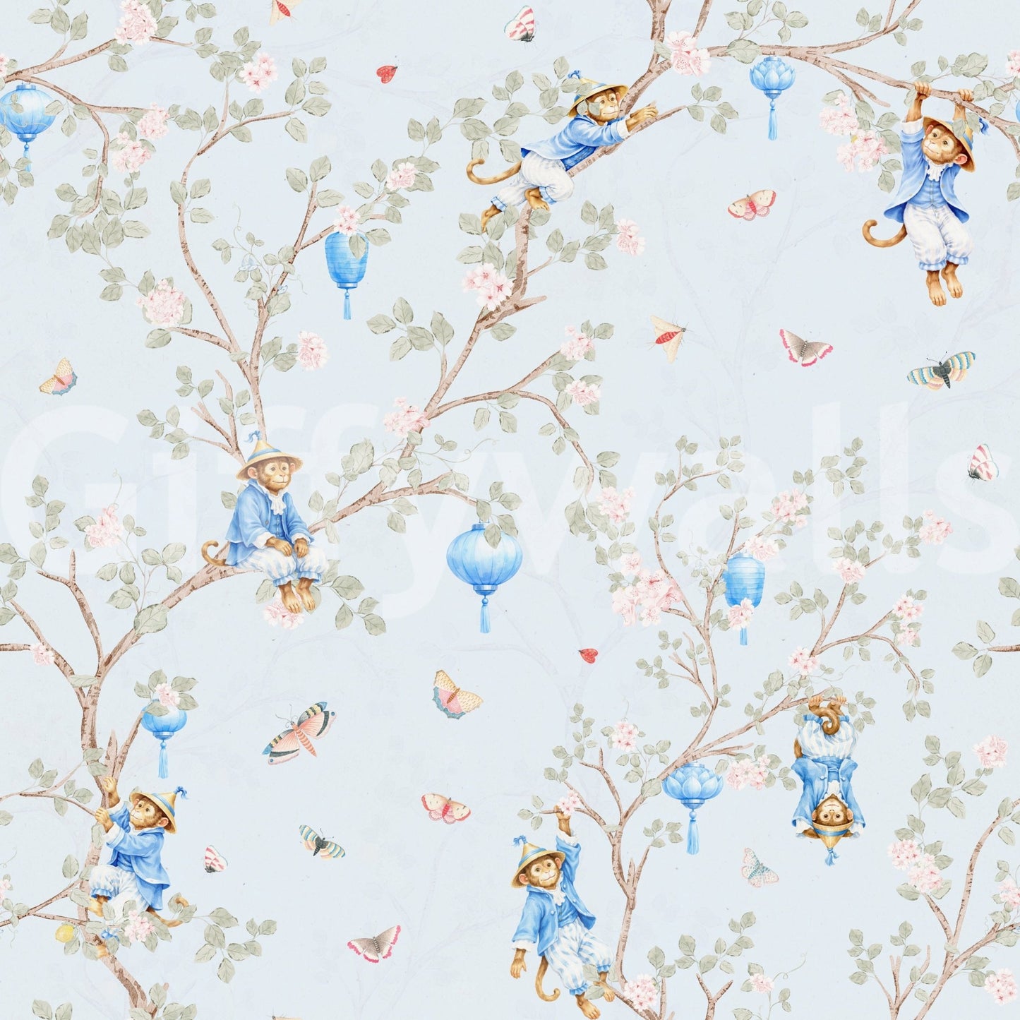 Vintage Rococo Chinoiserie Asian Lanterns with Monkeys and Sakura Flowers blue Wallpaper