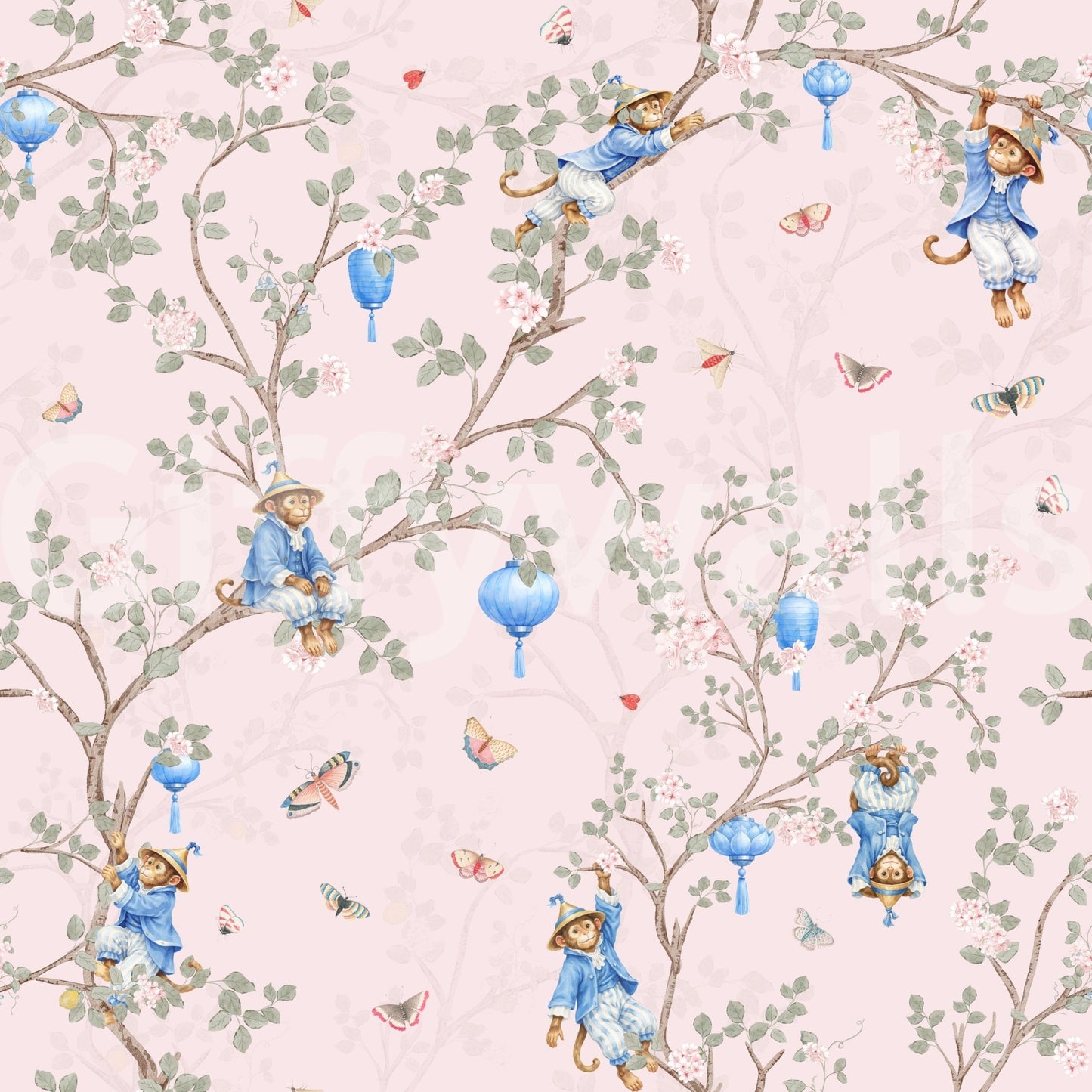 Vintage Rococo Chinoiserie Asian Lanterns with Monkeys and Sakura Flowers pink Wallpaper