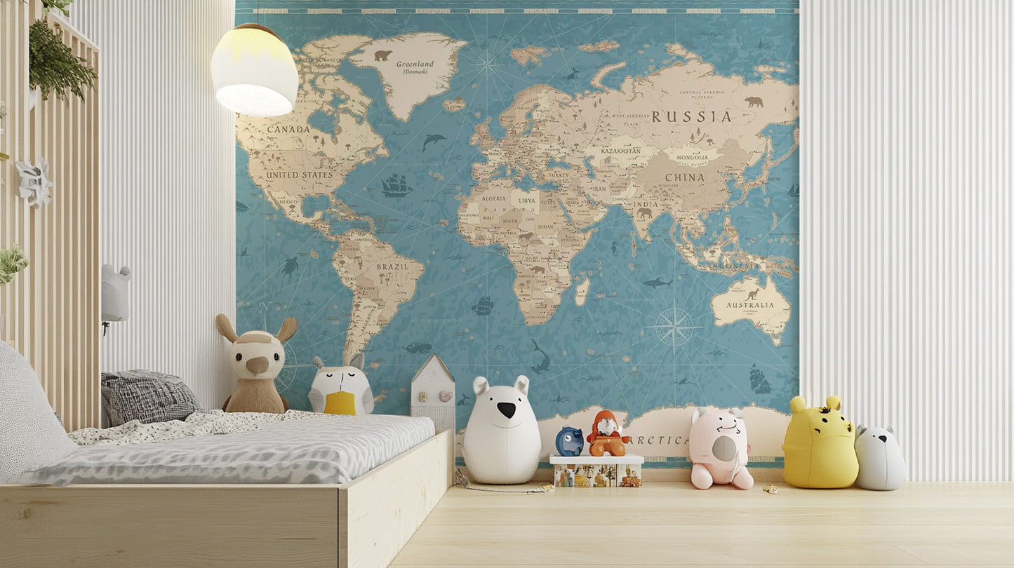 Aged vintage world map mural for heritage-inspired decor.