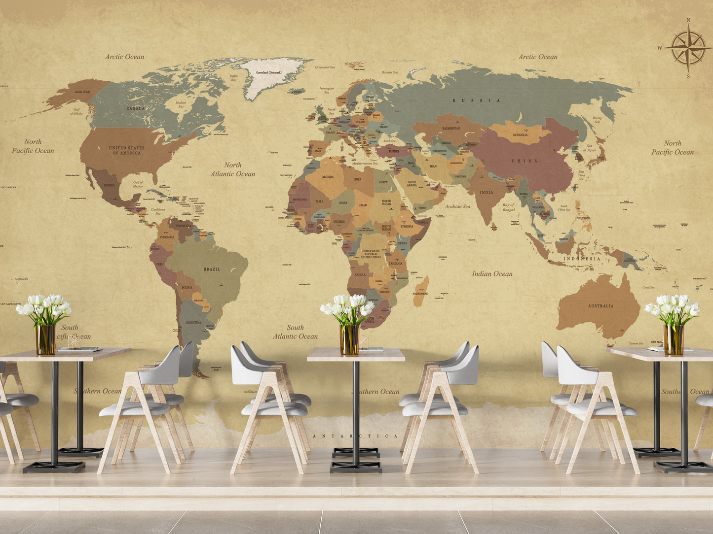Retro-themed world map wallpaper for cozy spaces.