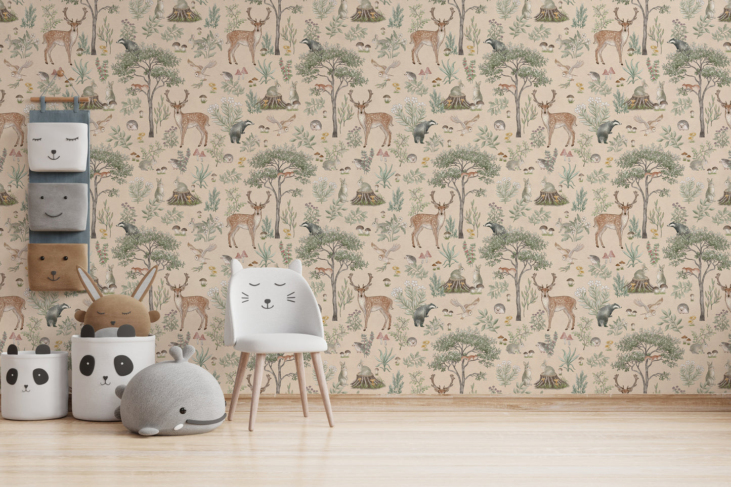 Warm Beige Wildlife wallpaper with a white cat-ear chair, panda baskets and a grey whale cushion
