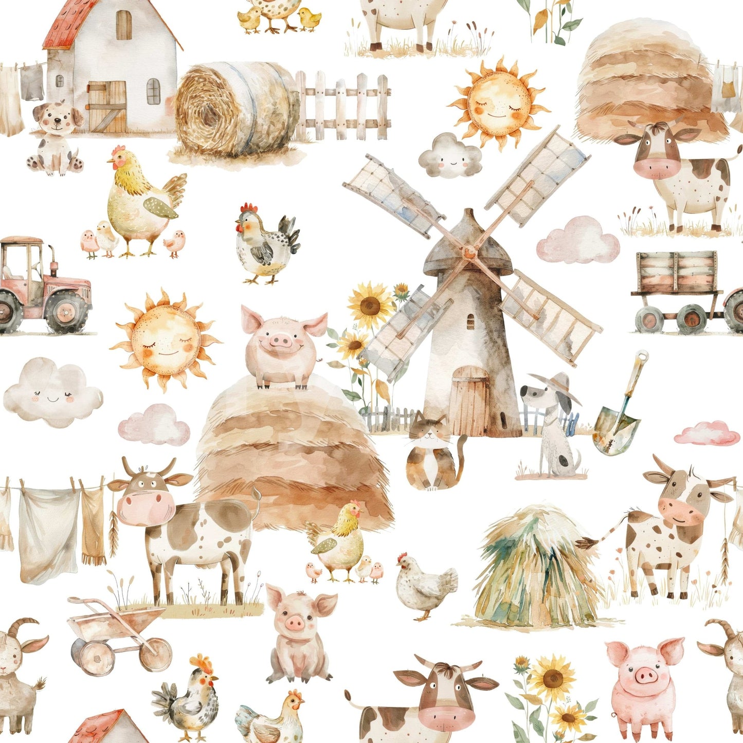 Pastoral Watercolor Farm Fun wallpaper, rustic barn, fluffy clouds.