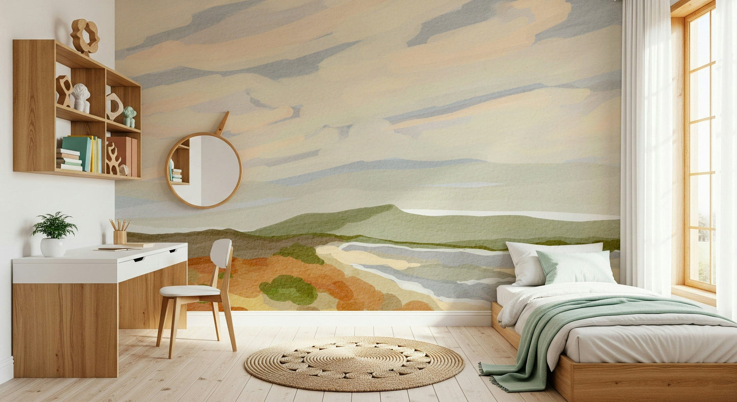 Expressive wall mural showcasing Watercolor Hills view with dynamic sweeping lines.
