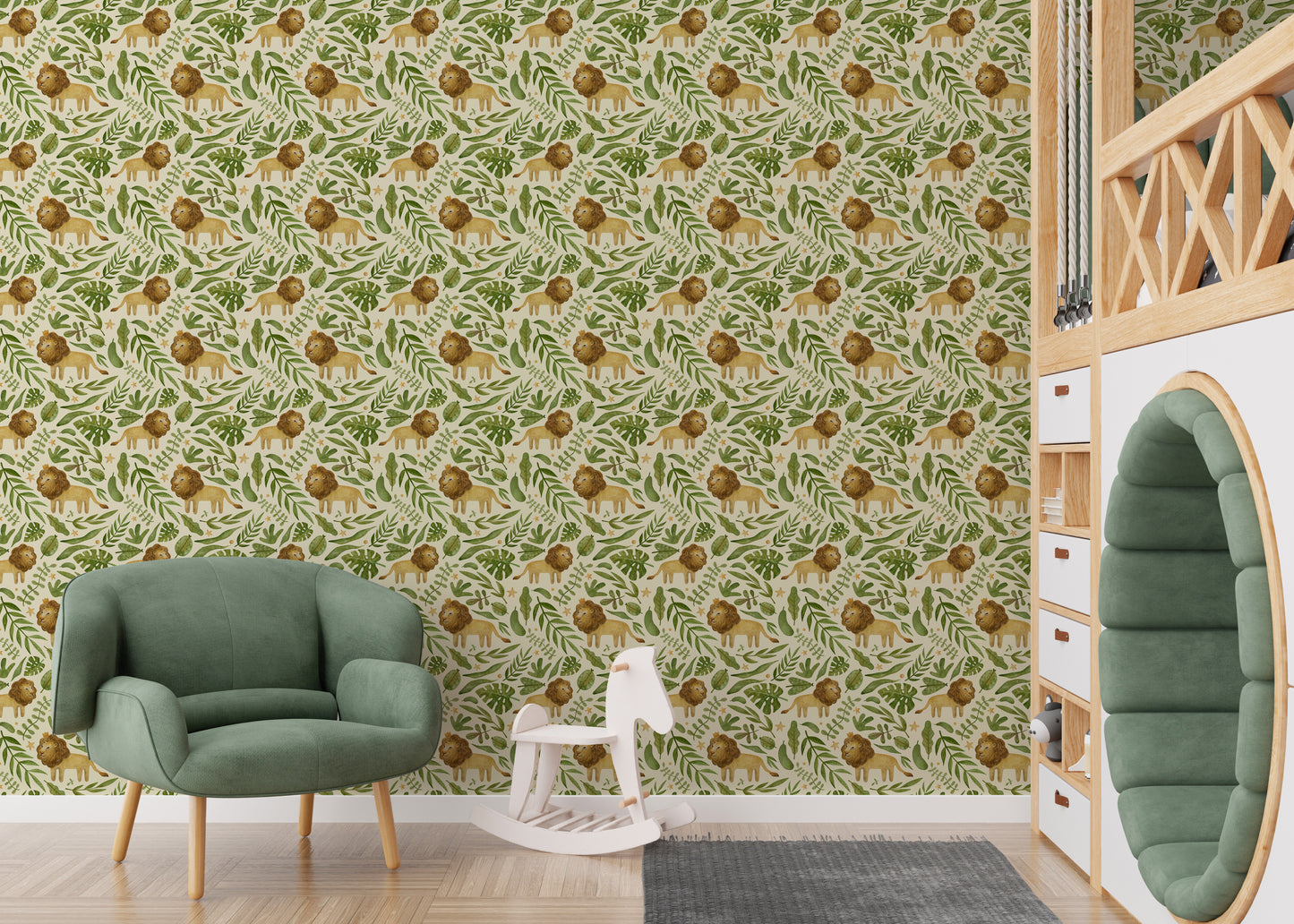 Lion and leaves wallpaper in watercolors
