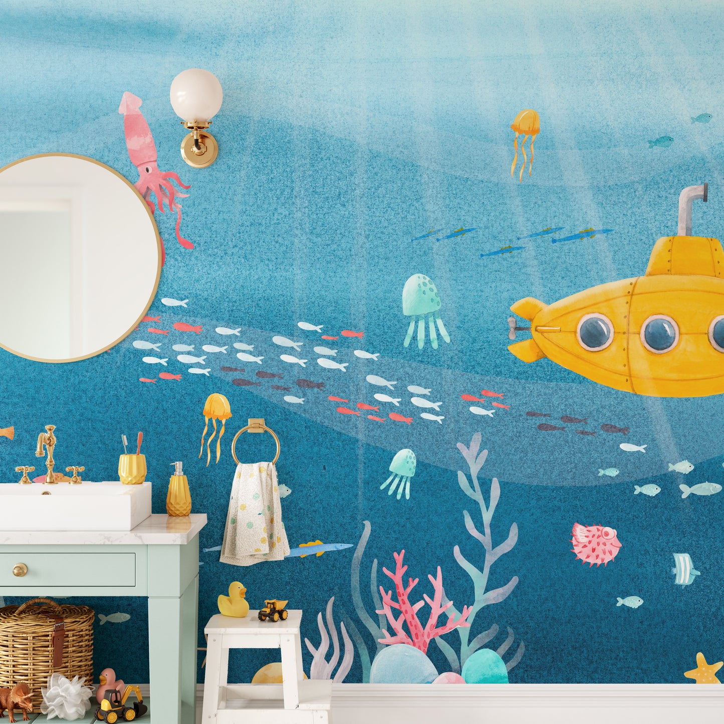 Watercolor Underwater Sea Life wallpaper for renters