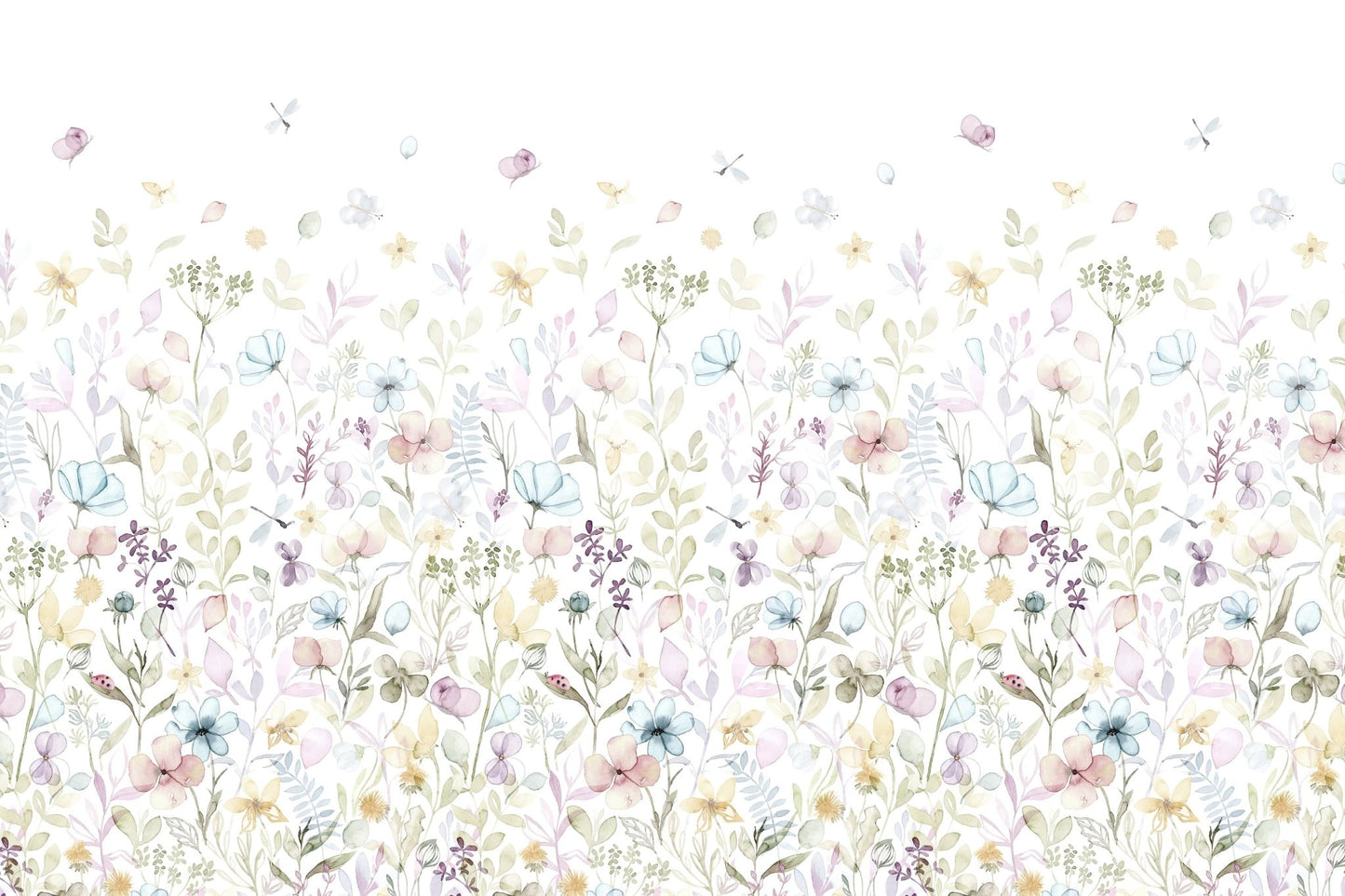A whimsical wallpaper with scattered watercolor petals and pastel blossoms rising from the bottom.